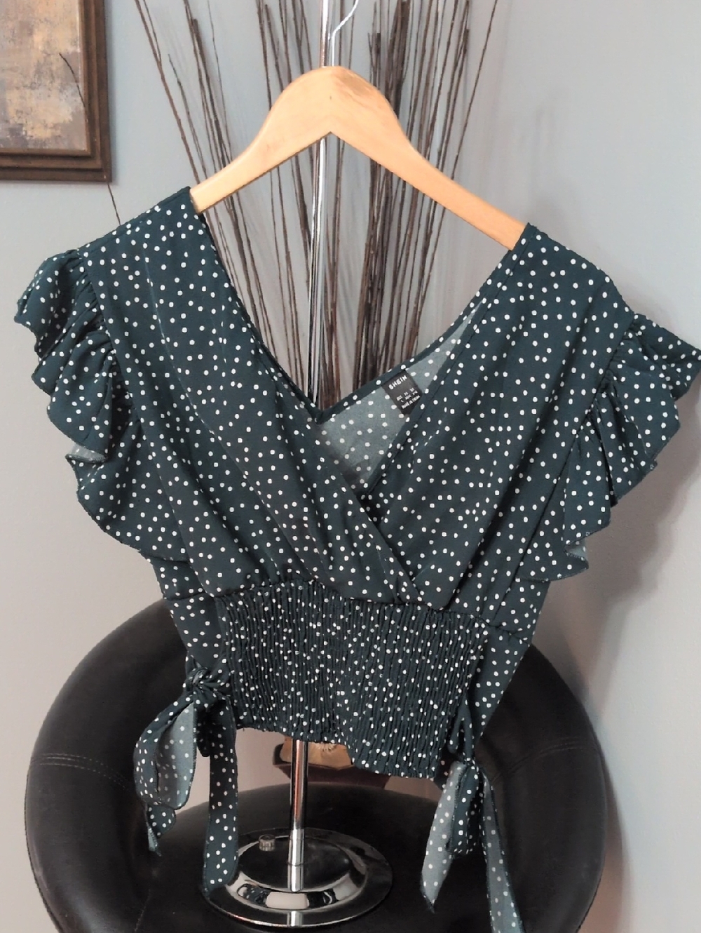 SHEIN Dark Teal Polka Dot Smocked Wrap Top